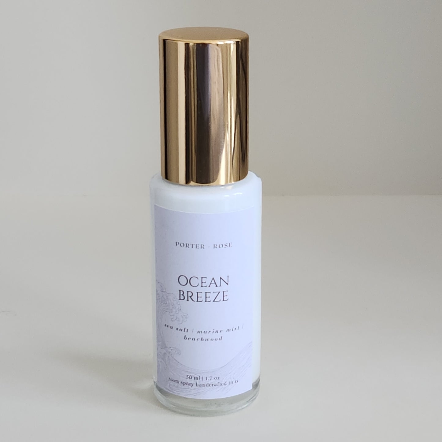Ocean Breeze scented room linen spray mini, gold cap, glass fine mist spray bottle, 50ml - porter + rose