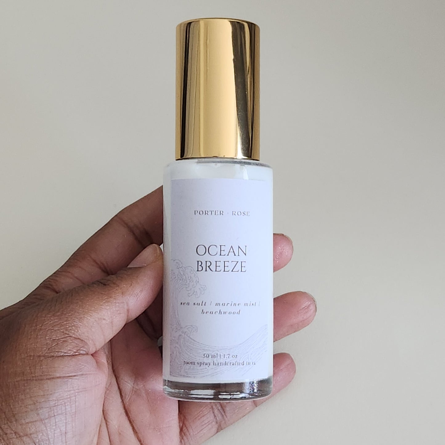 Ocean Breeze scented room linen spray mini, gold cap, glass fine mist spray bottle, 50ml - porter + rose