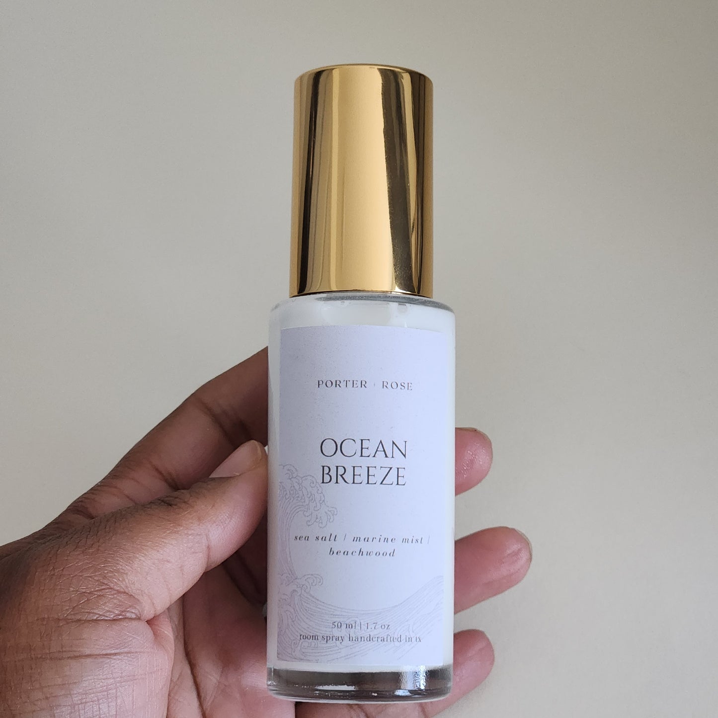 Ocean Breeze scented room linen spray mini, gold cap, glass fine mist spray bottle, 50ml - porter + rose