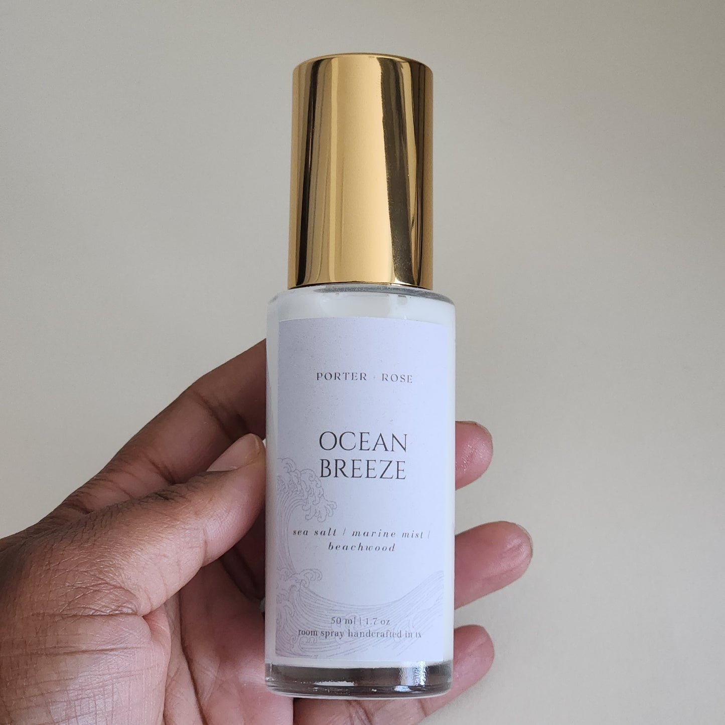 Ocean Breeze scented room linen spray mini, gold cap, glass fine mist spray bottle, 50ml - porter + rose