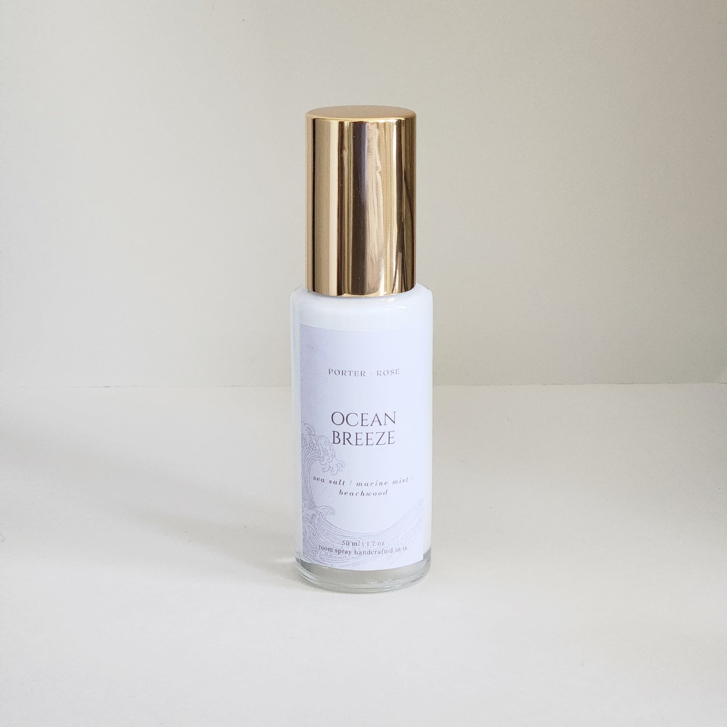 Ocean Breeze scented room linen spray mini, gold cap, glass fine mist spray bottle, 50ml - porter + rose