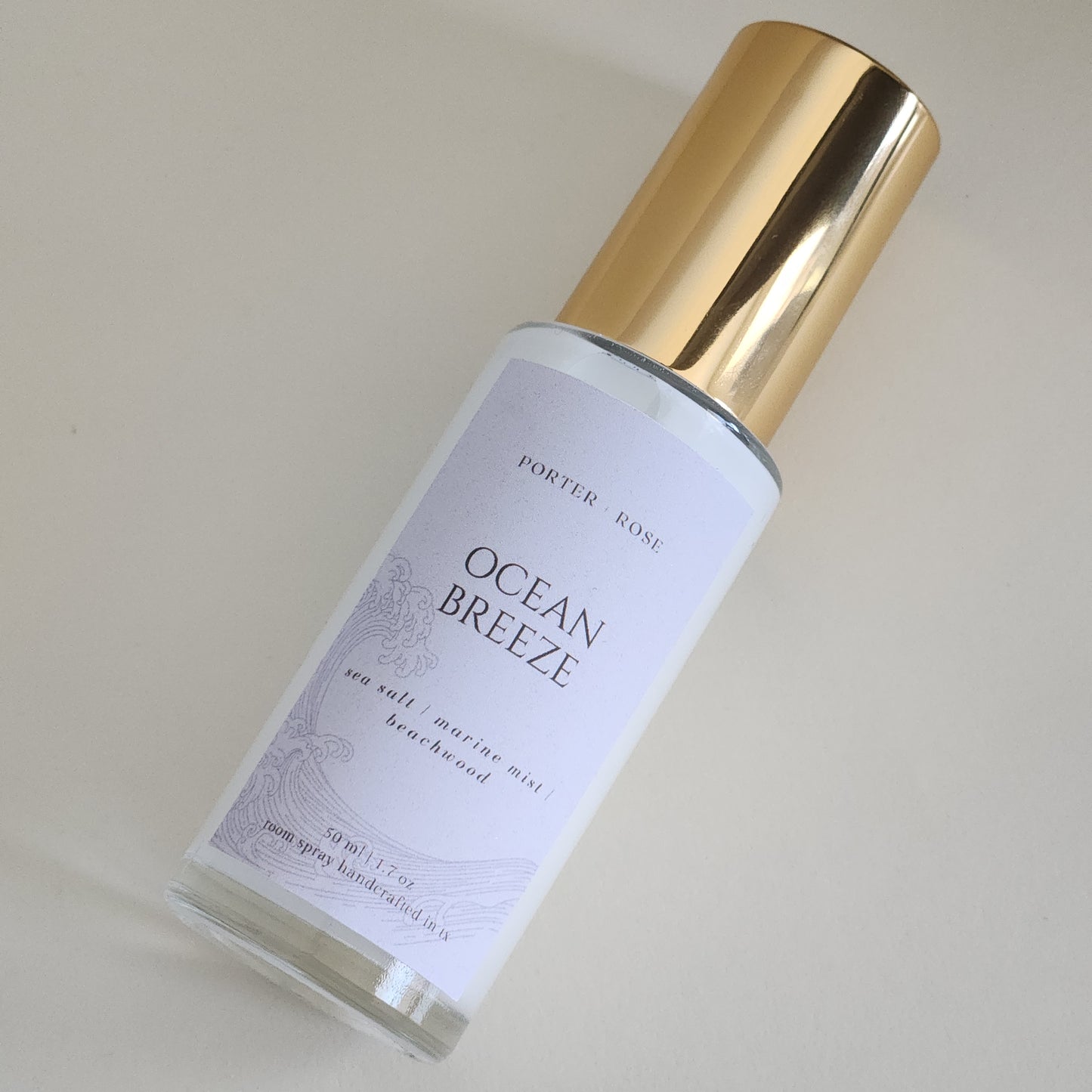 Ocean Breeze scented room linen spray mini, gold cap, glass fine mist spray bottle, 50ml - porter + rose