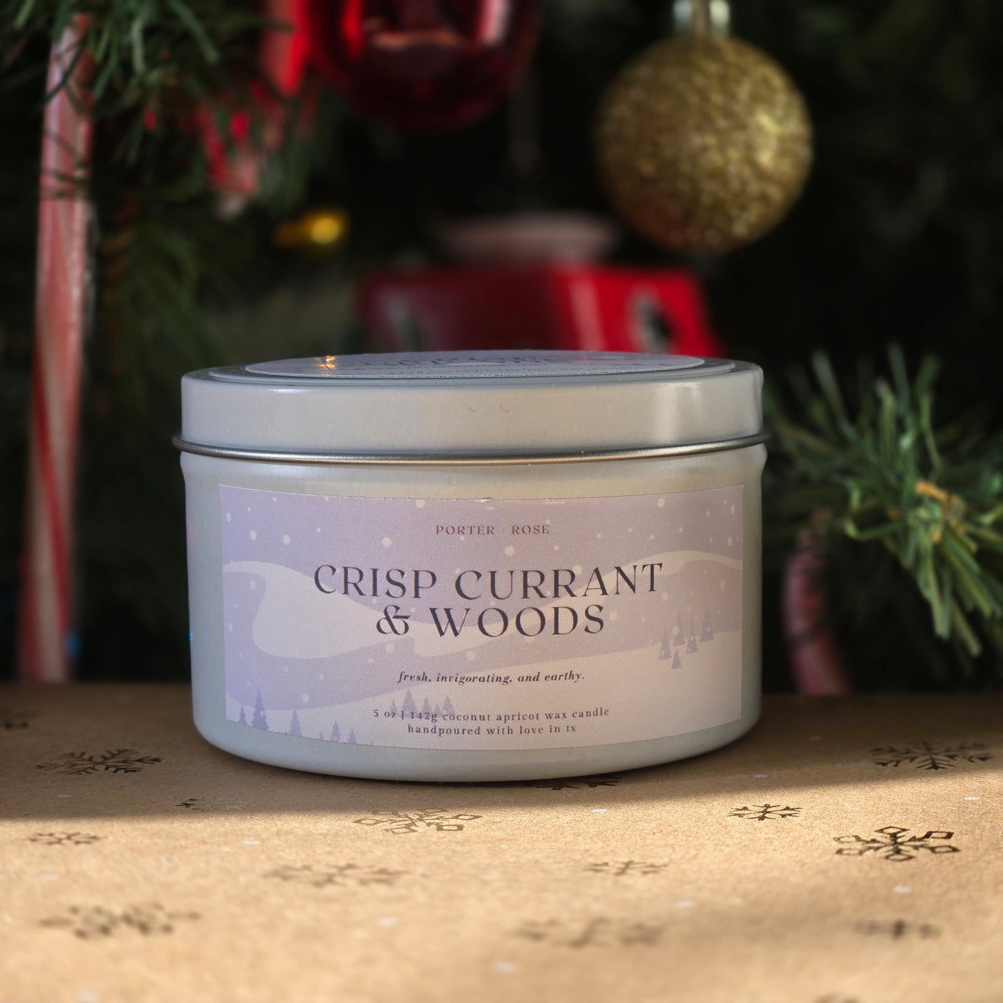 frosted pine scented coconut creme wax candle with crackling wood wick
