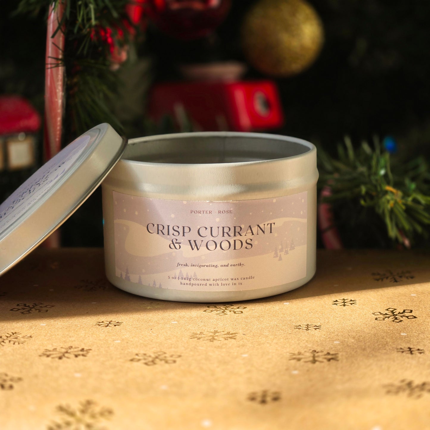 frosted pine scented coconut creme wax candle with crackling wood wick