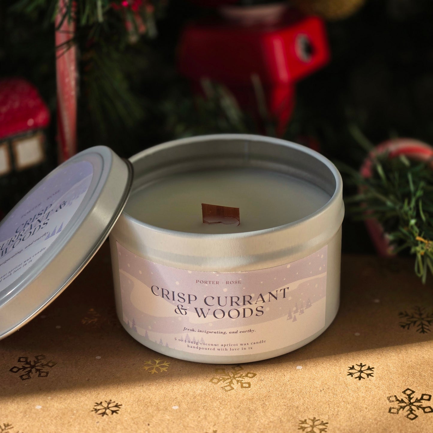 frosted pine scented coconut creme wax candle with crackling wood wick