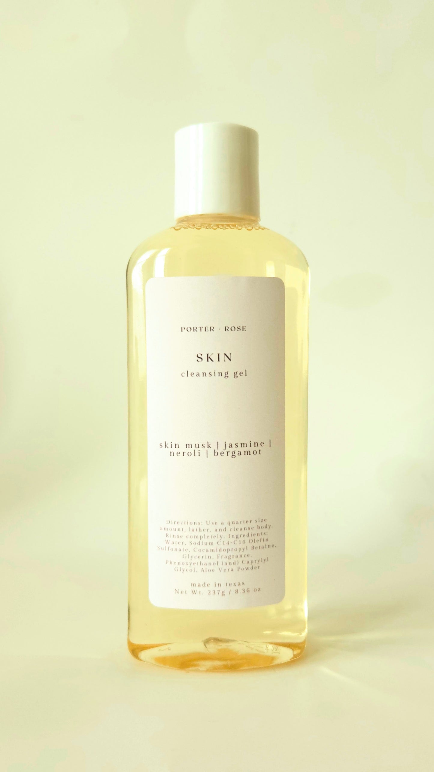 Bottle of Porter & Rose Skin cleansing gel on a light beige background
