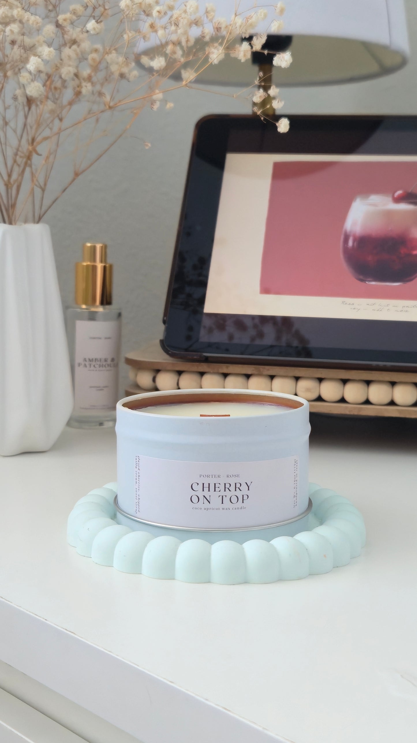 wooden wick tin candle - 6 oz cherry scented candle