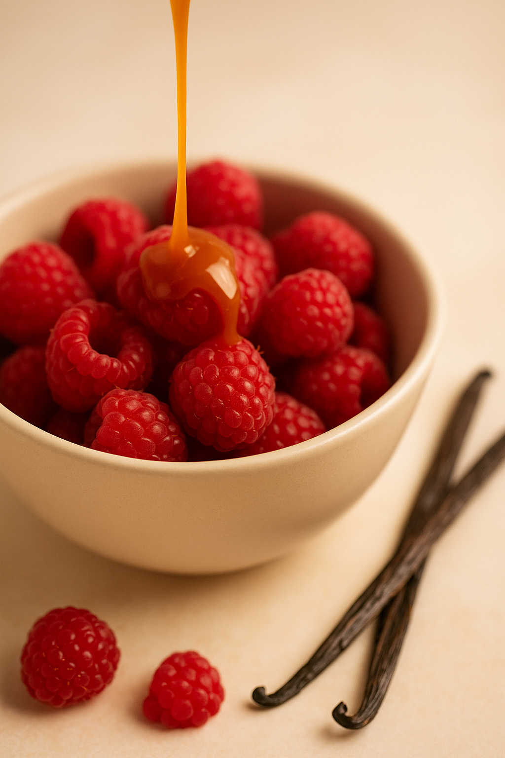 Bowl of raspberries with caramel being poured over them, vanilla beans on the side.