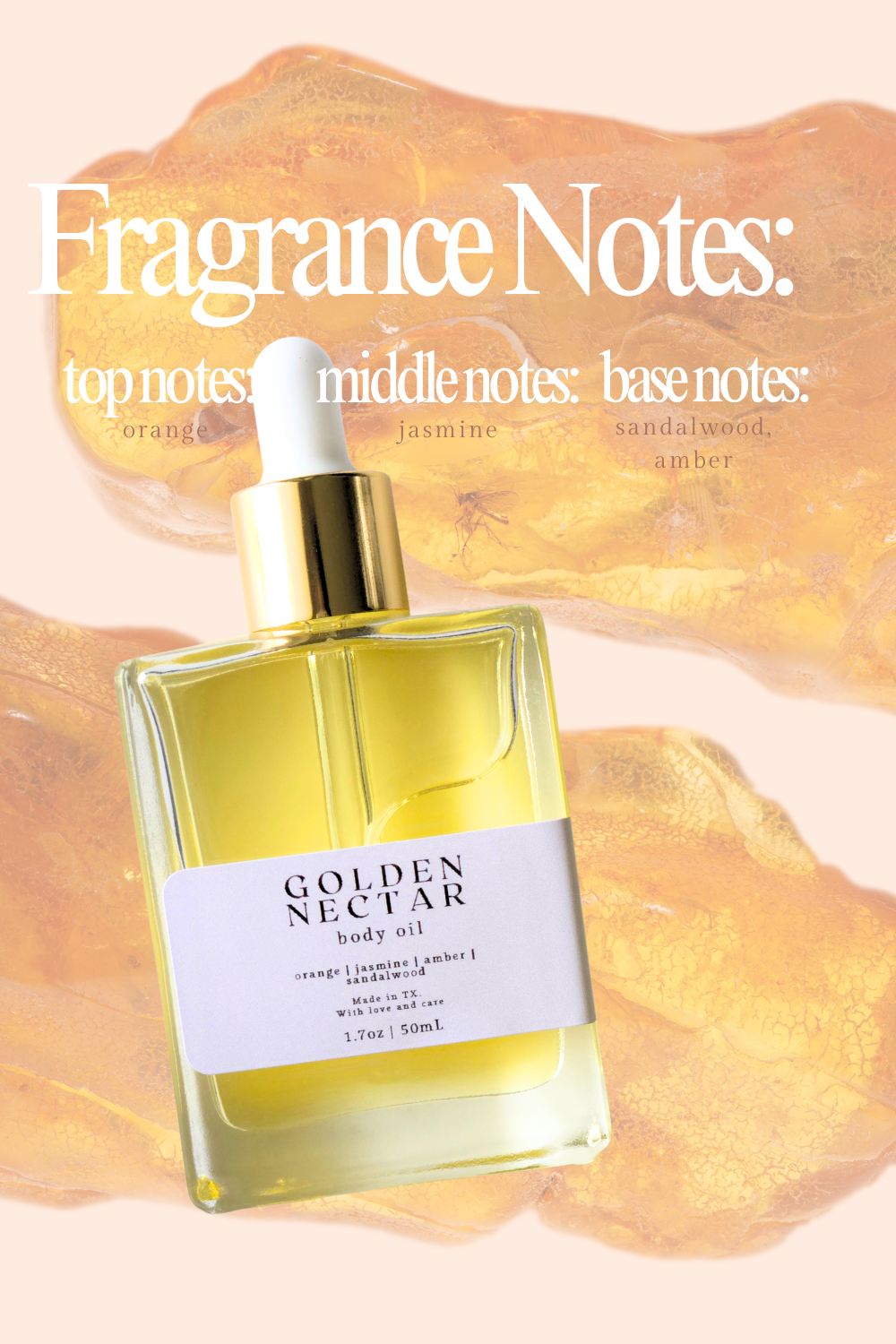 Body oil bottle with dropper labeled 'Golden Nectar' on a textured beige background