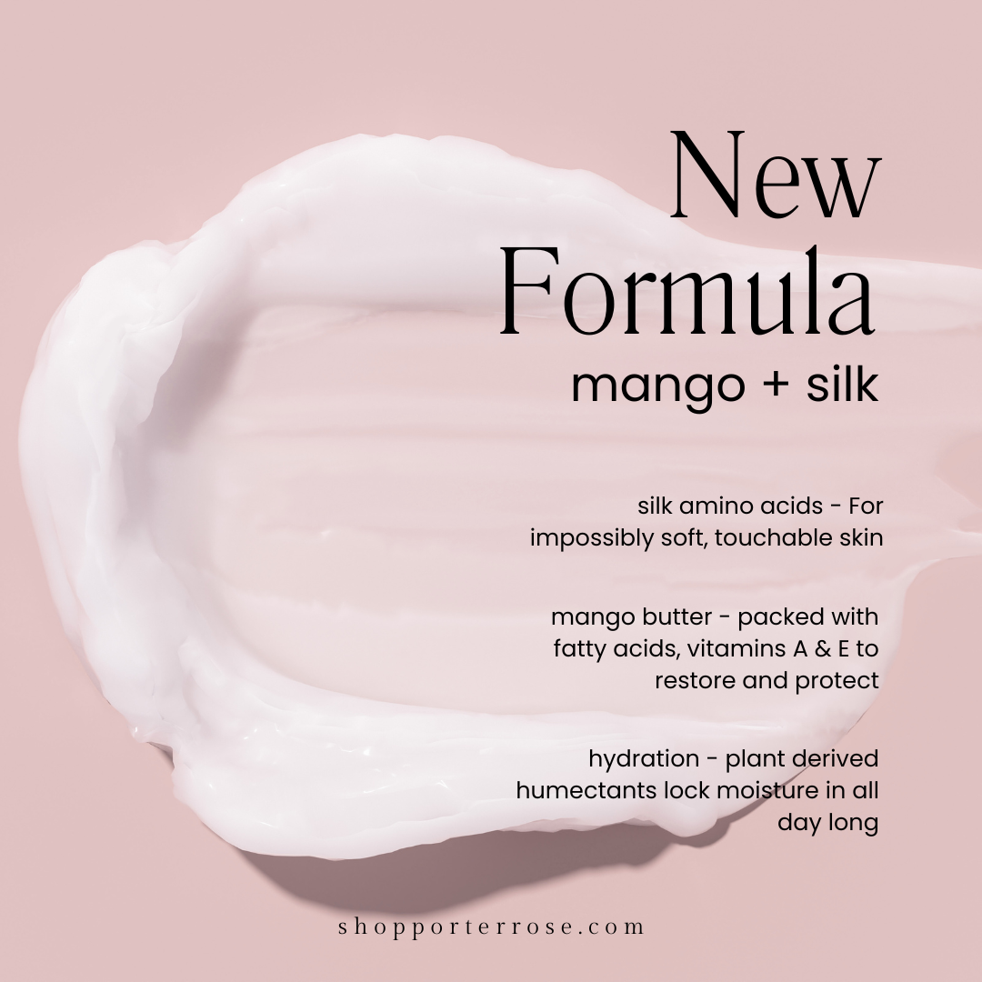 Mango silk body cream texture shot with ingredient benefits - silk amino acids and mango butter for soft skin