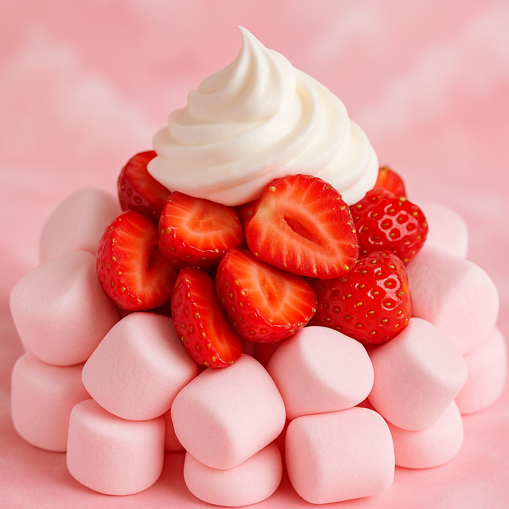 pink marshmallows, ripe strawberries and whipped cream on pink cloud background
