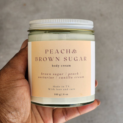 peach brown sugar body cream in heavy glass jar with white lid, 160g made in texas