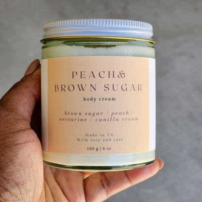 peach brown sugar body cream in heavy glass jar with white lid, 160g made in texas