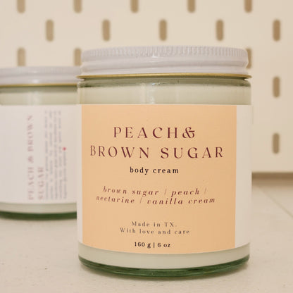 peach brown sugar body cream in heavy glass jar with white lid, 160g made in texas