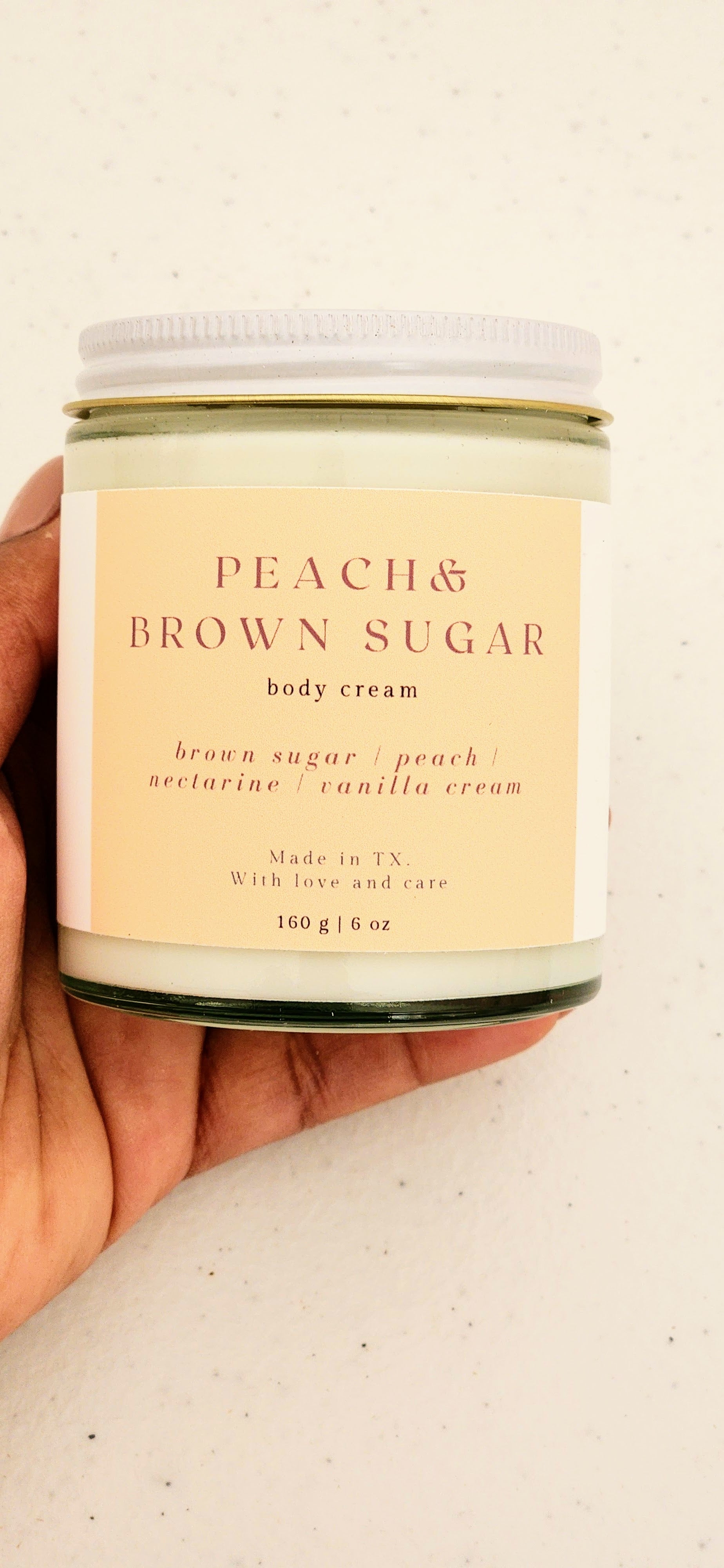 peach brown sugar body cream in heavy glass jar with white lid, 160g made in texas