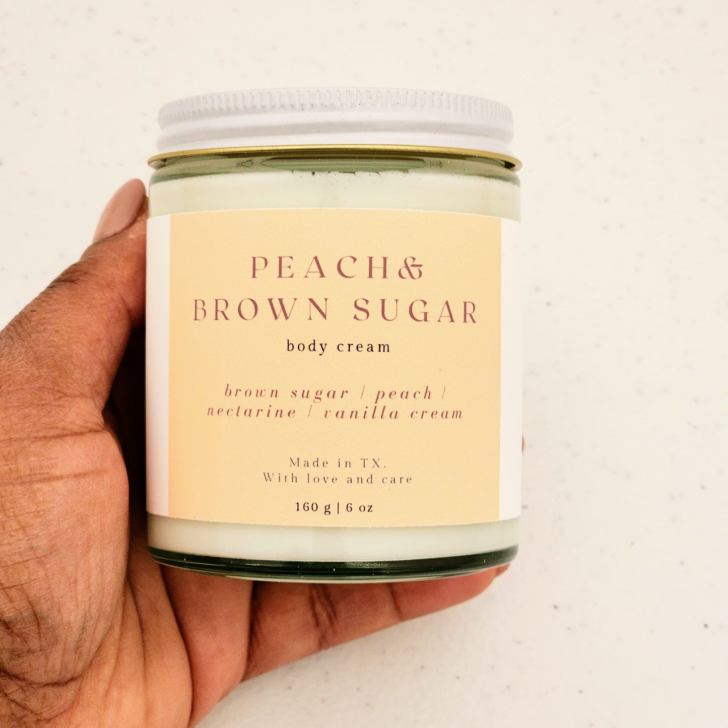 peach brown sugar body cream in heavy glass jar with white lid, 160g made in texas