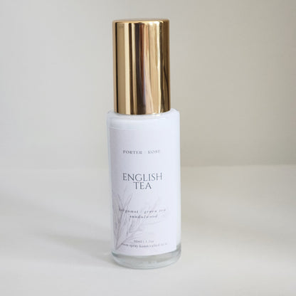 English Tea scented room linen spray mini, gold cap, glass fine mist spray bottle, 50ml - porter + rose