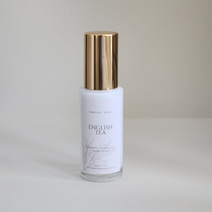 English Tea scented room linen spray mini, gold cap, glass fine mist spray bottle, 50ml - porter + rose