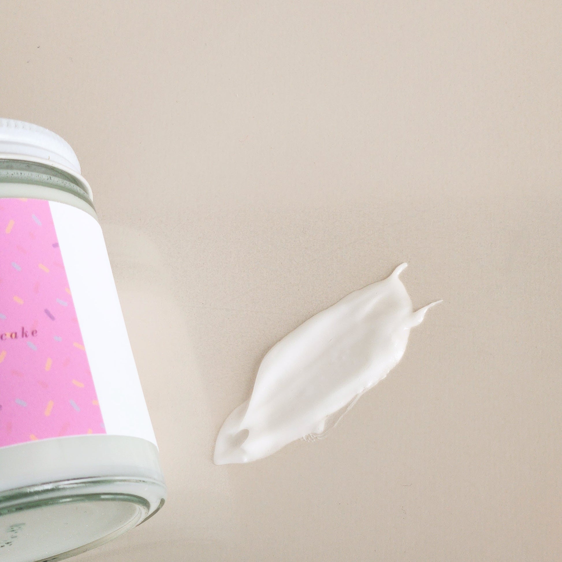 birthday cake body cream in clear glass heavy bottomed jar, 160g - sprinkle label pink - porter + rose