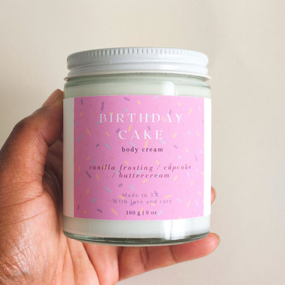 birthday cake body cream in clear glass heavy bottomed jar, 160g - sprinkle label pink - porter + rose