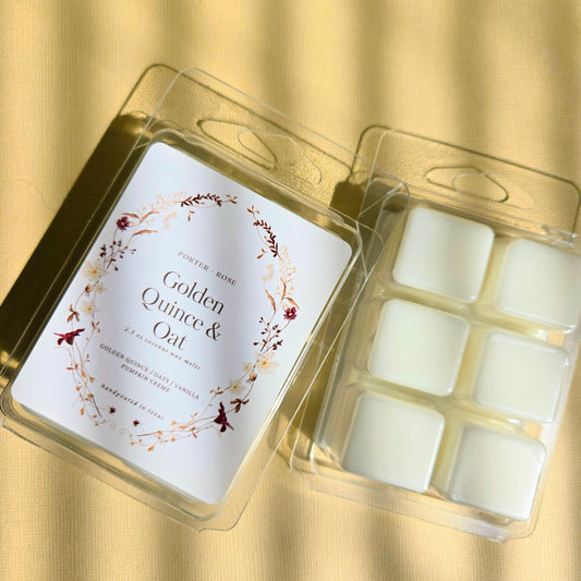  Golden Quince & Oat Wax Melt, showcasing seasonal notes of quince, nutmeg, and vanilla pumpkin crème.