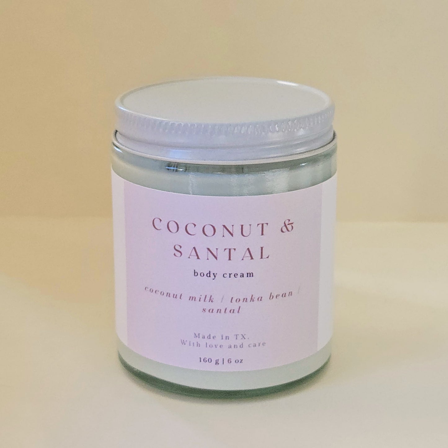 coconut and santal scented body cream for dry, itchy skin. in glass jar 6oz