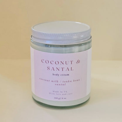 coconut and santal scented body cream for dry, itchy skin. in glass jar 6oz