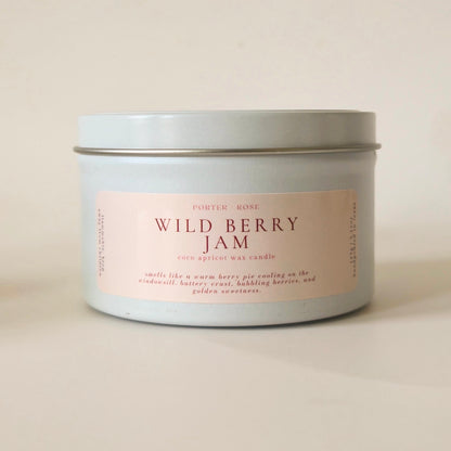 Wild Berry Jam wooden wick candle in a 5oz white tin jar on a clean white background.
