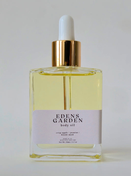 Eden's Garden body oil bottle on a white background