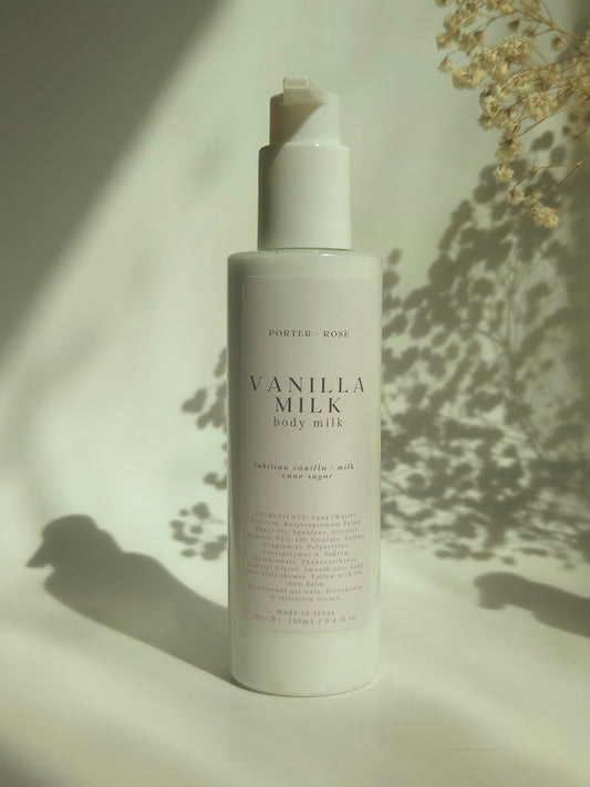Vanilla milk body milk bottle with a soft background