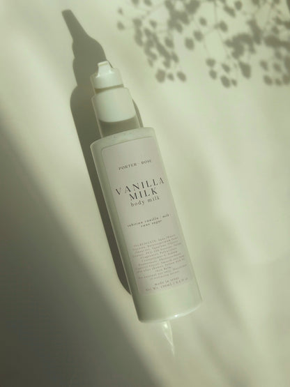 Vanilla milk body milk bottle on a light background