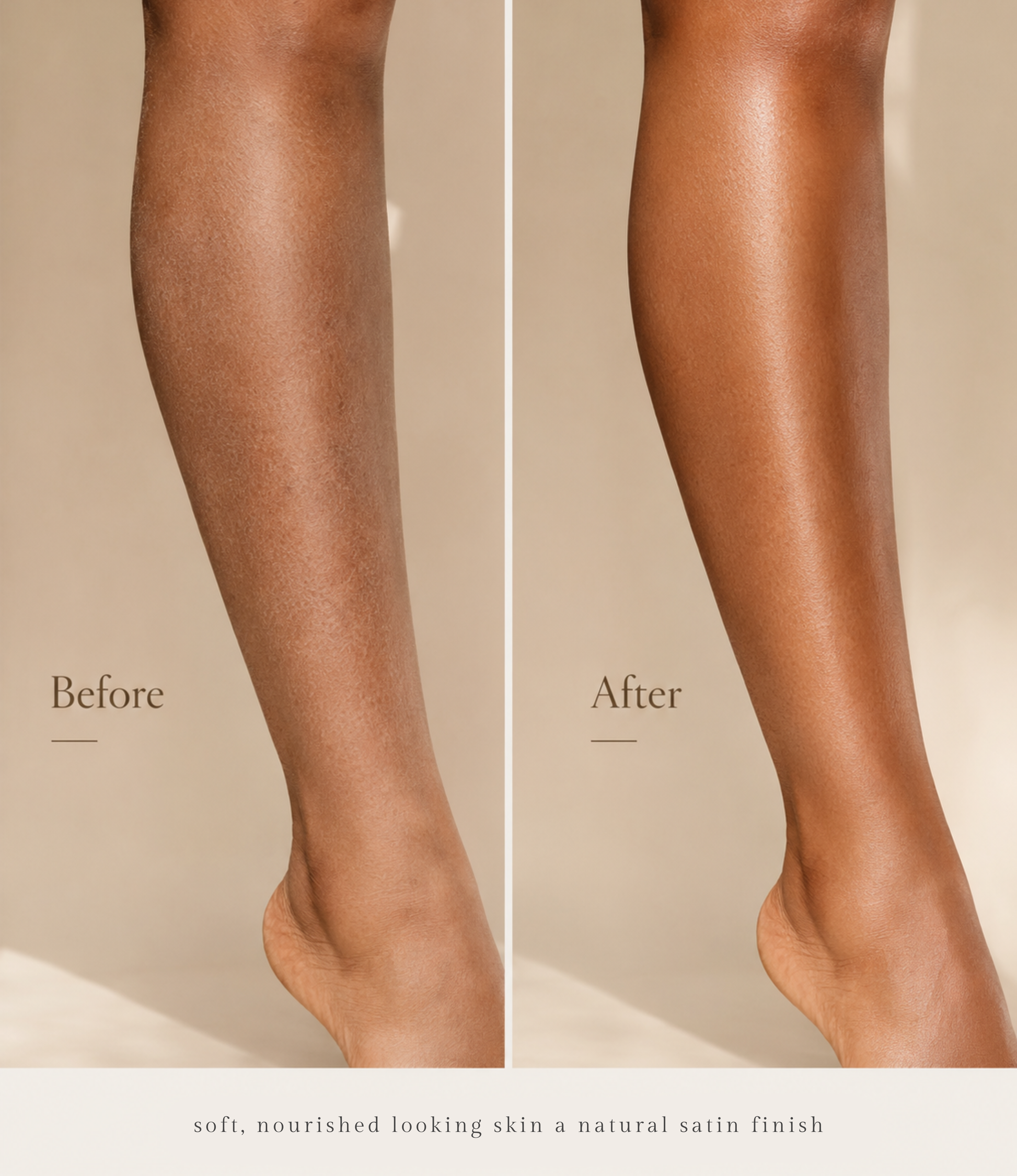 Before and after comparison of a person's lower leg and ankle, showing a smoother, more radiant skin finish with the text 'Before' and 'After' and a caption at the bottom about nourished skin with a natural satin finish.