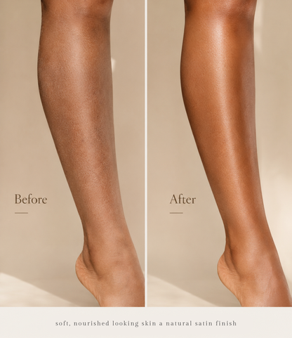 Before and after comparison of a person's lower leg and ankle, showing a smoother, more radiant skin finish with the text 'Before' and 'After' and a caption at the bottom about nourished skin with a natural satin finish.