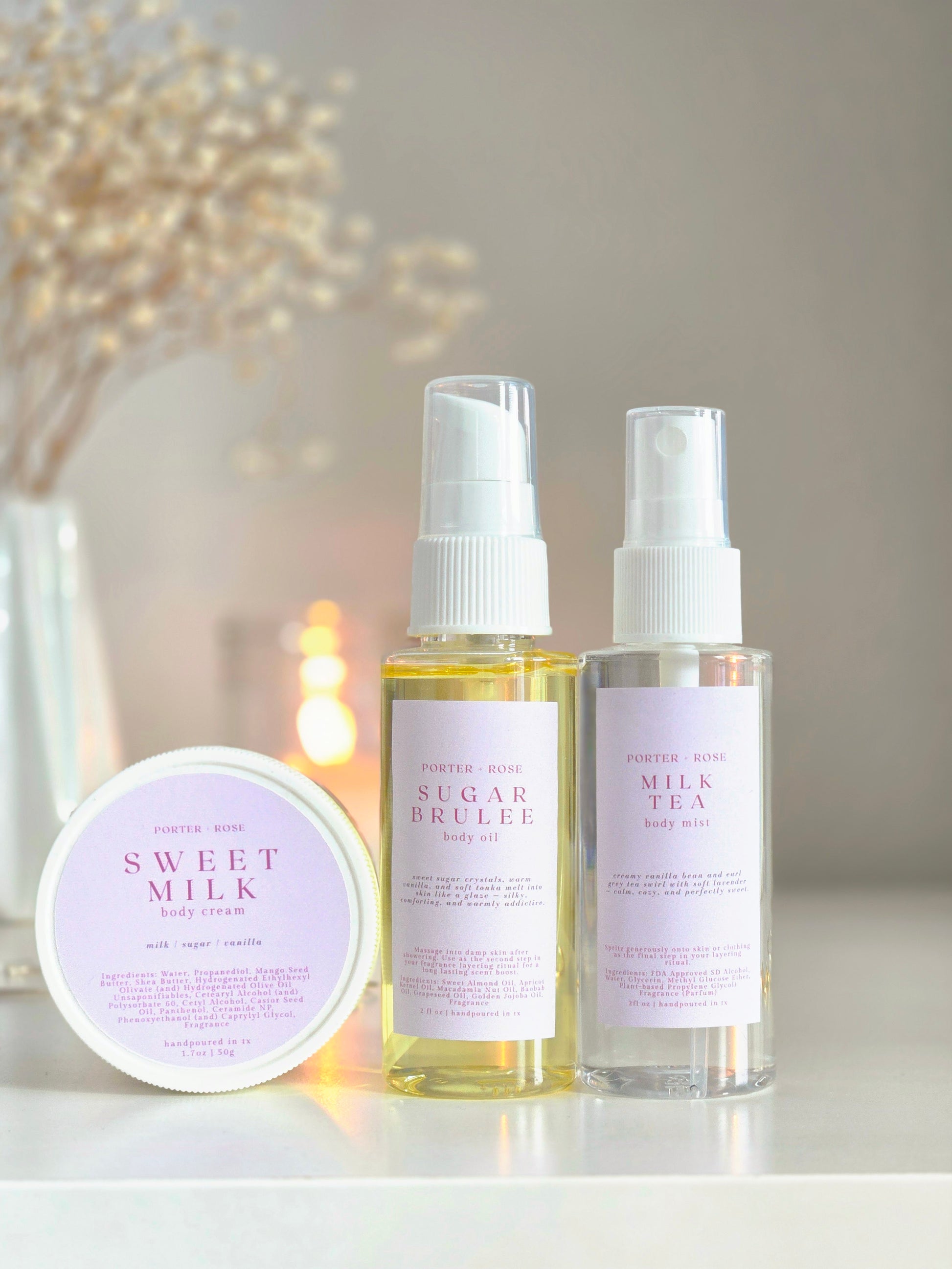 Sweet Milk Body Cream, Sugar Brulee Body Oil, Milk Tea Body Mist - three body care routine essentials for layering