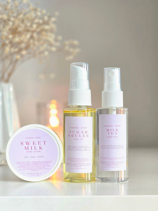 Sweet Milk Body Cream, Sugar Brulee Body Oil, Milk Tea Body Mist - three body care routine essentials for layering