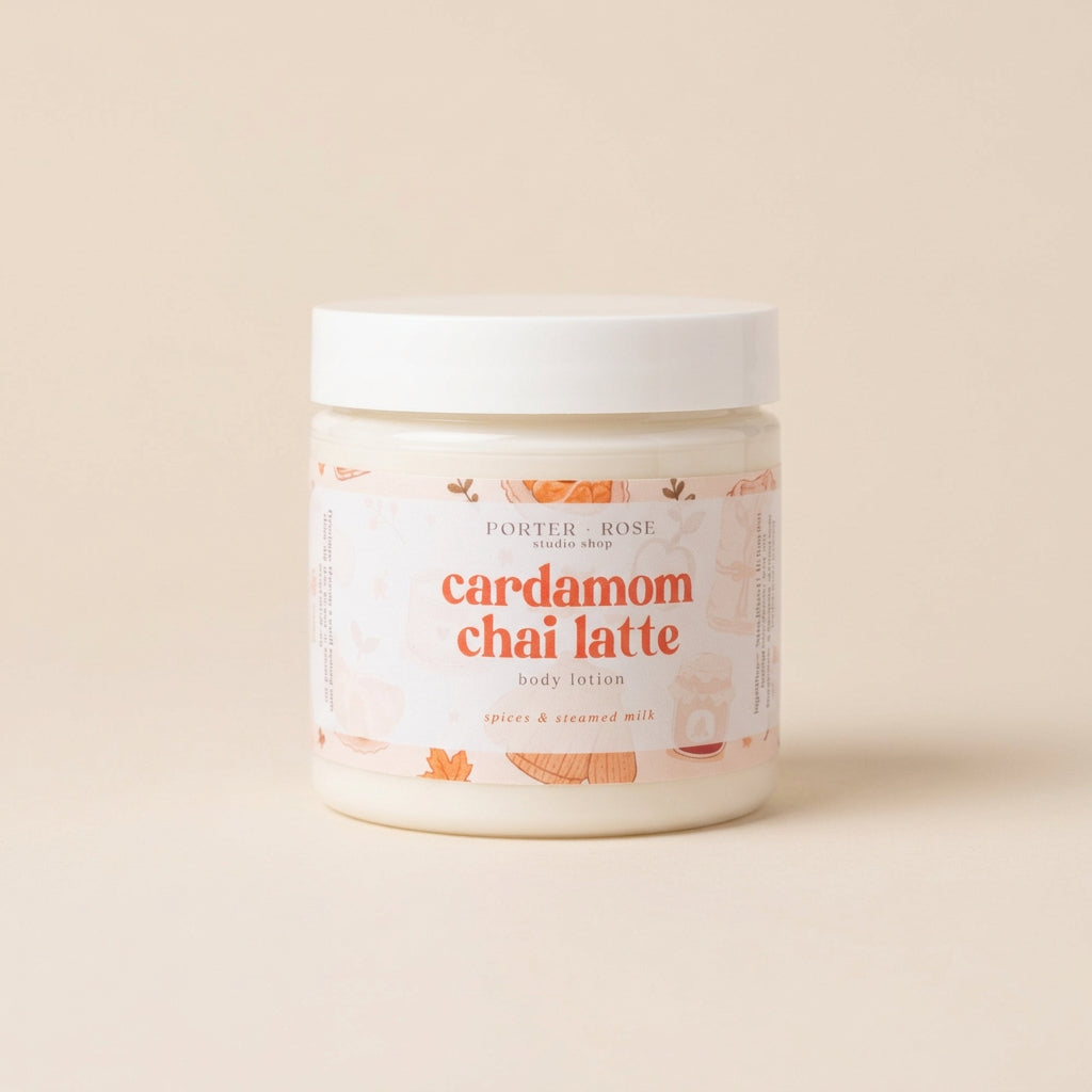 A jar of Porter Rose Body Shop 'cardamom chai latte' body lotion on a light gray background with a soft shadow.