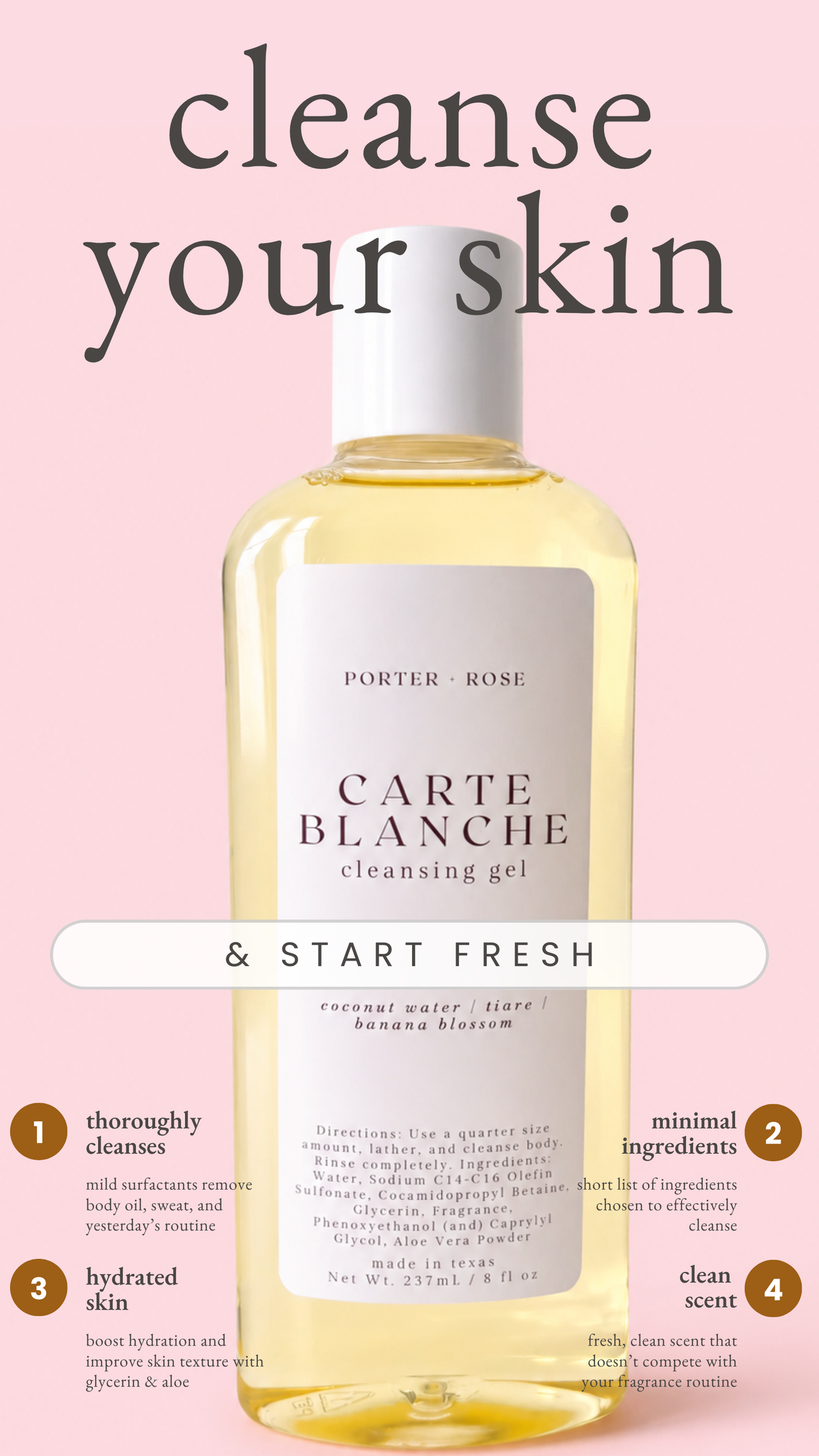 A bottle of Porter Rose Carte Blanche Cleansing Gel centered on a soft pink background with large text reading 'cleanse your skin' and step-by-step benefits around the bottle.