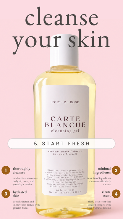 A bottle of Porter Rose Carte Blanche Cleansing Gel centered on a soft pink background with large text reading 'cleanse your skin' and step-by-step benefits around the bottle.