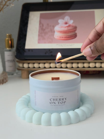 hand lighting porter + rose cherry on top wooden wick candle