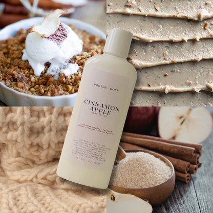 A bottle of Porter, Rose Cinnamon Apple Body Lotion is shown in a cozy styled scene with a bowl of apple crumble dessert, a close-up of creamy lotion texture, cinnamon sticks, sugar, and a knit blanket. The bottle label reads Porter, Rose and Cinnamon Apple.