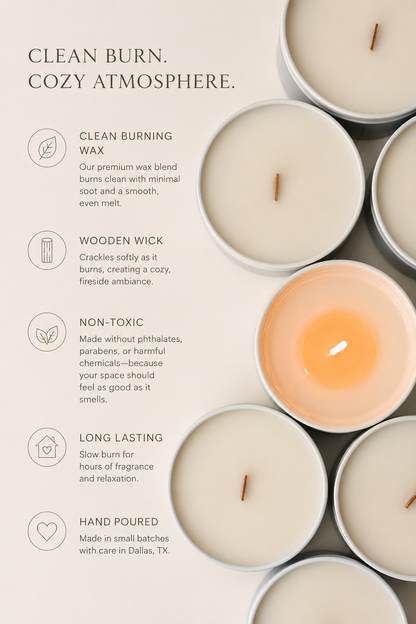 A promotional graphic for porter + rose  candles showing several white wax candles in silver cups arranged on a beige background, alongside text describing features like clean burning wax, wooden wick, non-toxic formula, long lasting burn, and hand-poured quality.