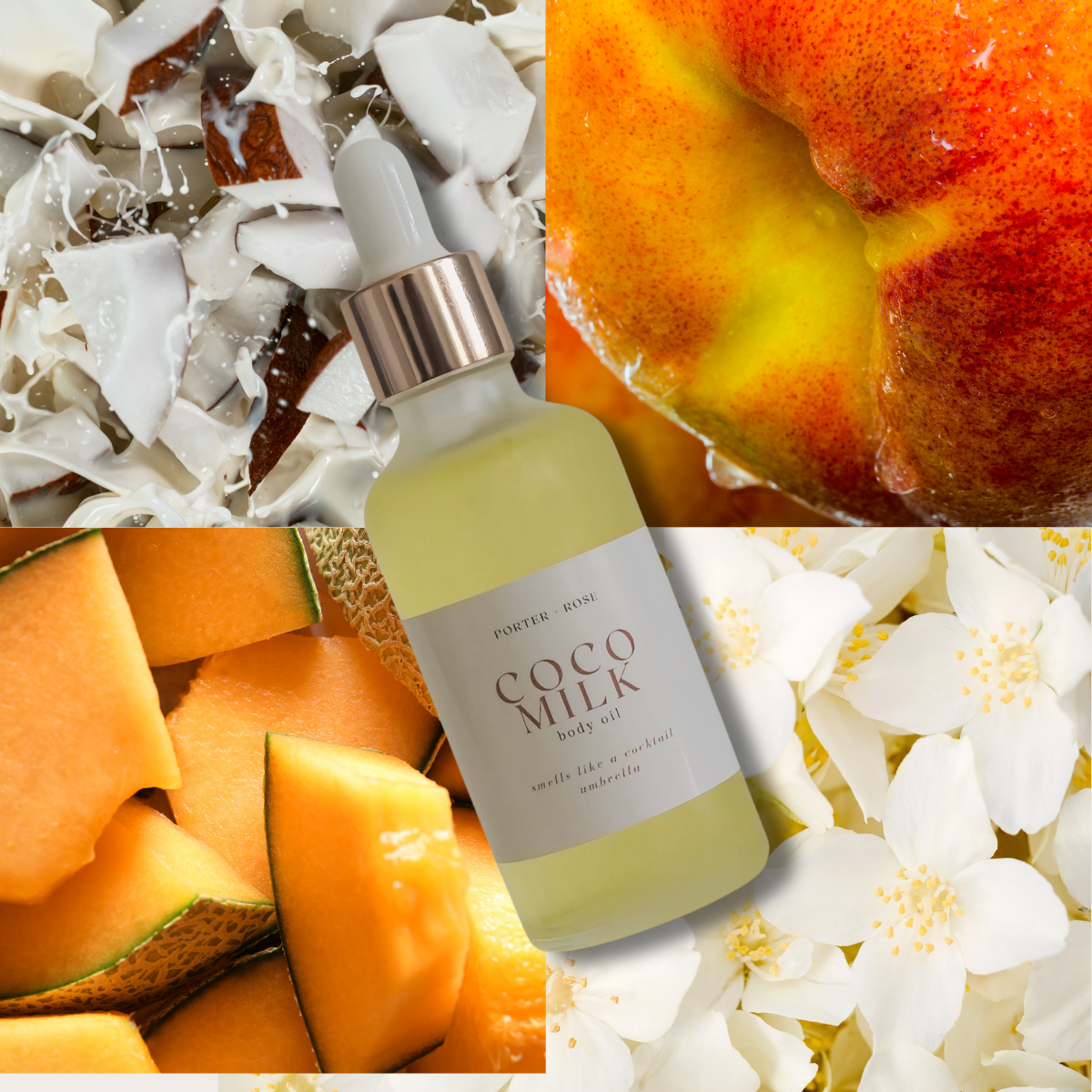 scent ntoes of coco milk body oil featuring coconut, peach, melon, and frangipani 