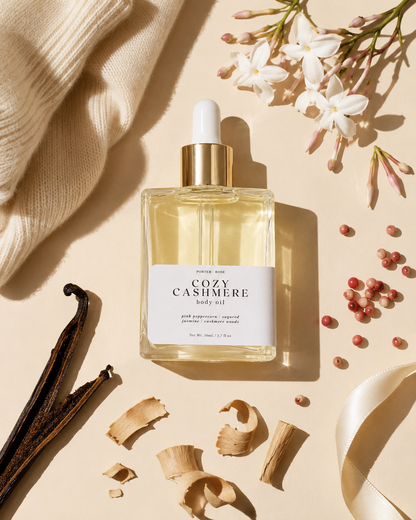Cozy Cashmere body oil bottle with vanilla bean and flowers on a beige background