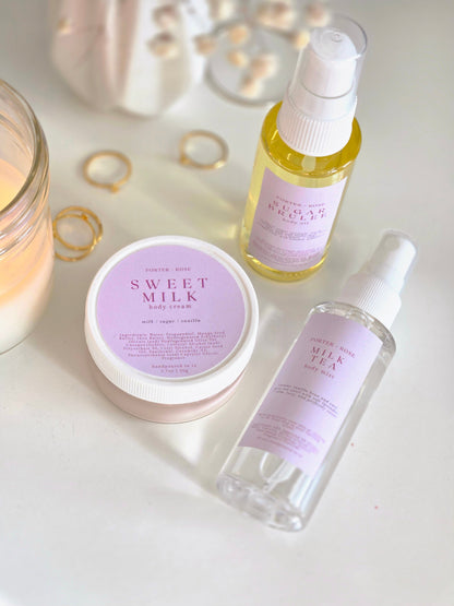 fragrance layering set featuring body cream, body oil, body mist