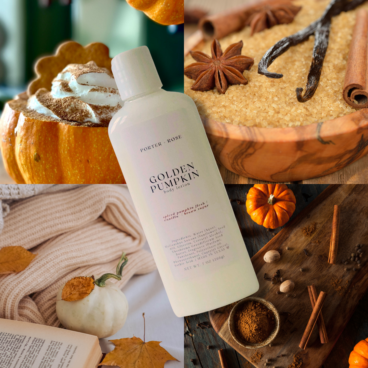 A bottle of Porter rose Golden Pumpkin body butter is centered over a four-panel autumn-themed collage featuring pumpkins, spices, cinnamon sticks, and a knit blanket.