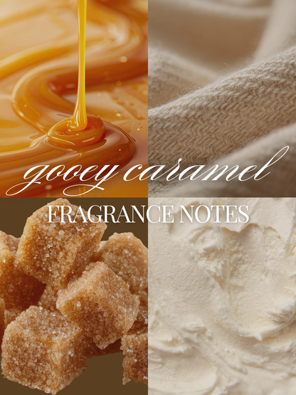A four-panel fragrance note graphic labeled 'gooey caramel FRAGRANCE NOTES,' showing caramel syrup dripping, sugar cubes, and cream-colored whipped texture imagery.