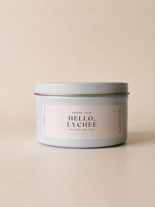 porter + rose hello, lychee candle made with coconut wax, 6oz, wooden wick