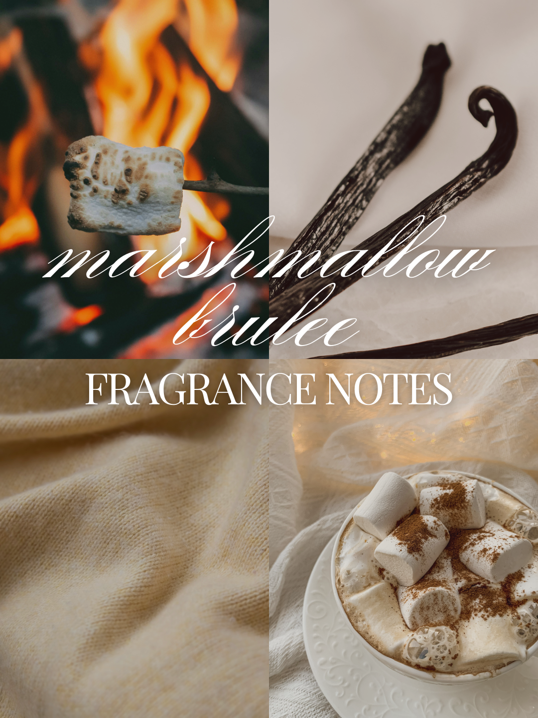 A four-panel fragrance note graphic for 'marshmallow brulee FRAGRANCE NOTES' with a marshmallow over a fire, vanilla beans, beige fabric, and a cup of marshmallow-topped hot chocolate.