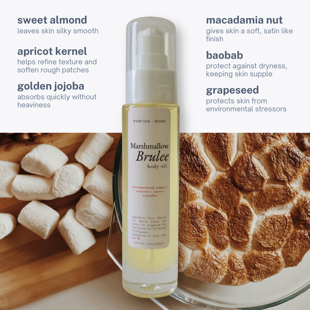 A bottle of Porter Rose Marshmallow Brulee body oil centered on a light gray background, with ingredient callouts around it and food imagery at the bottom showing marshmallows and a browned pastry. The product itself is a clear cylindrical bottle with a white cap and a pale yellow liquid inside.