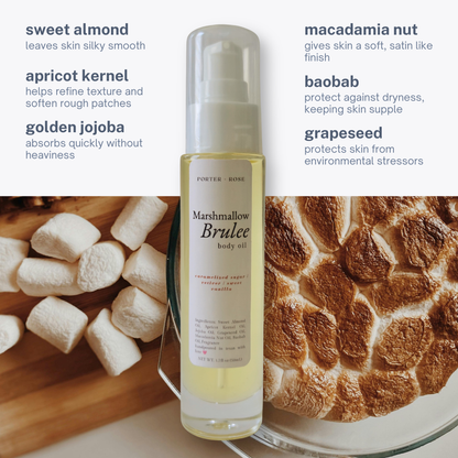 A bottle of Porter Rose Marshmallow Brulee body oil centered on a light gray background, with ingredient callouts around it and food imagery at the bottom showing marshmallows and a browned pastry. The product itself is a clear cylindrical bottle with a white cap and a pale yellow liquid inside.